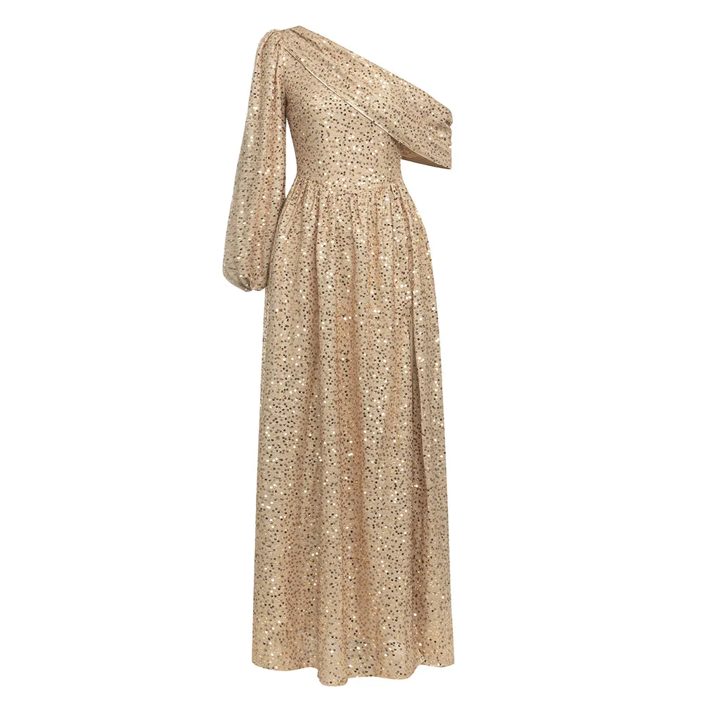 Adeline Asymmetrical Shoulder Sequin Maxi Dress