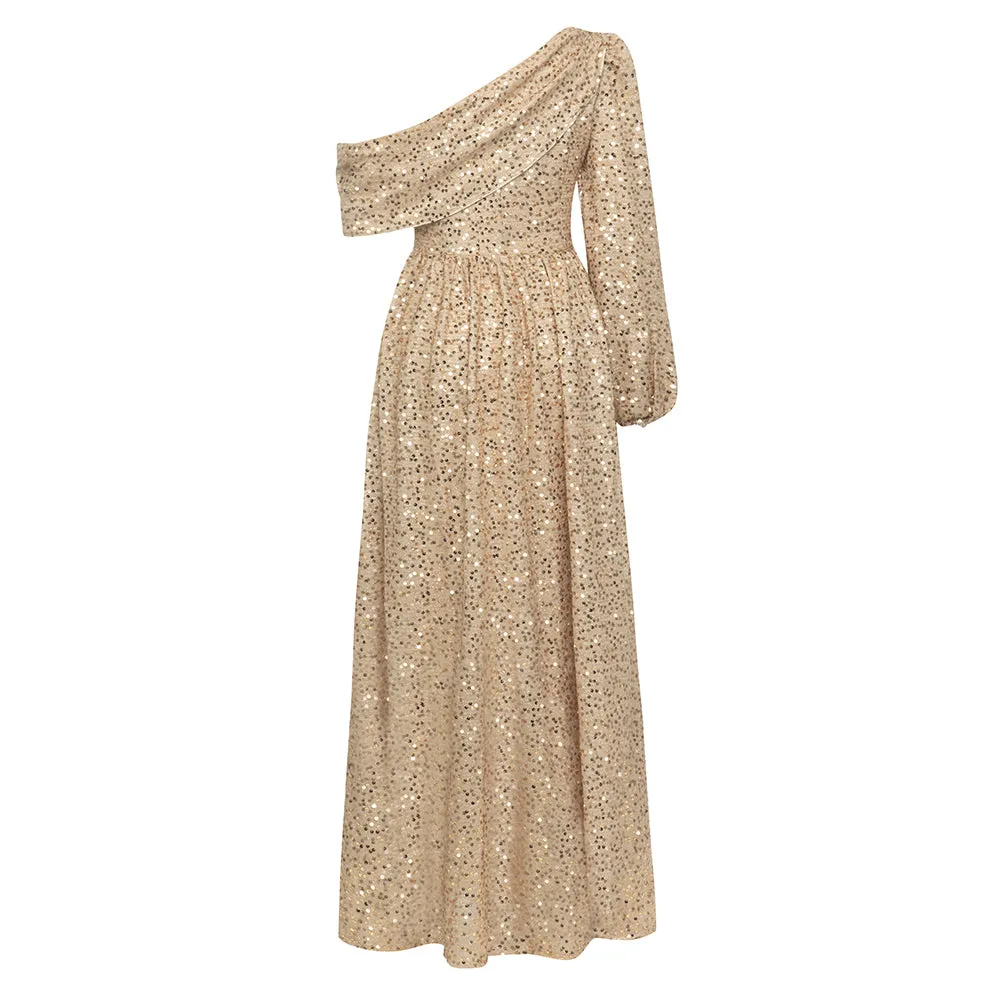 Adeline Asymmetrical Shoulder Sequin Maxi Dress