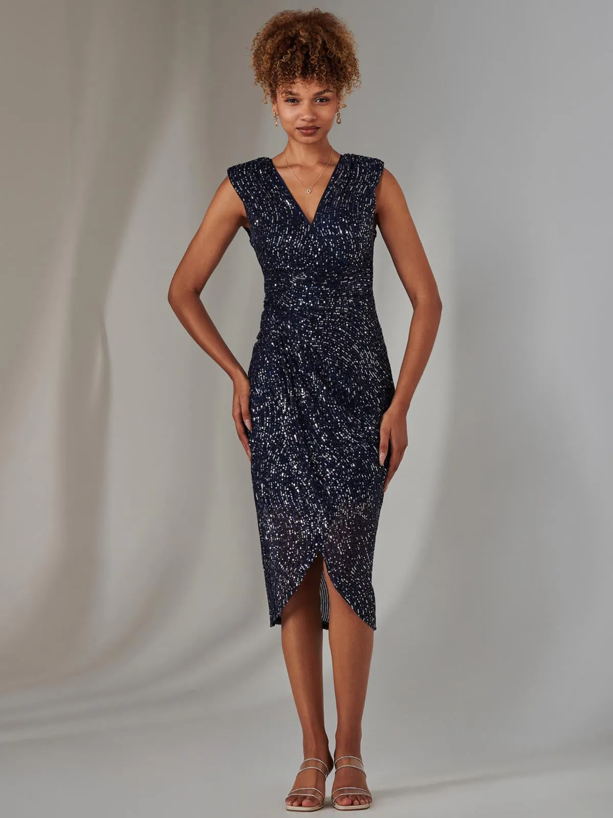 Aisla Ruched Sequin Bodycon Dress, Navy Silver