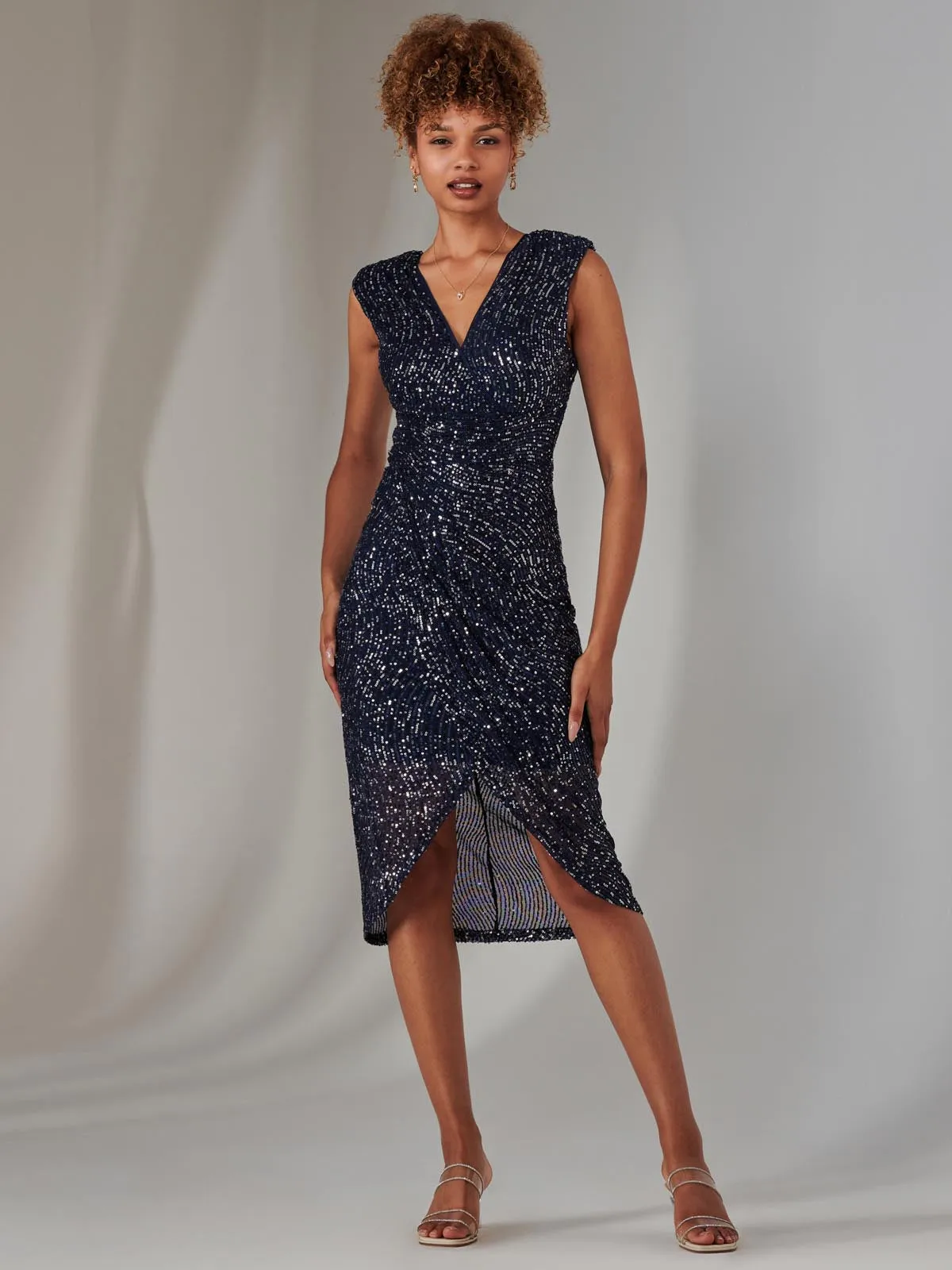 Aisla Ruched Sequin Bodycon Dress, Navy Silver