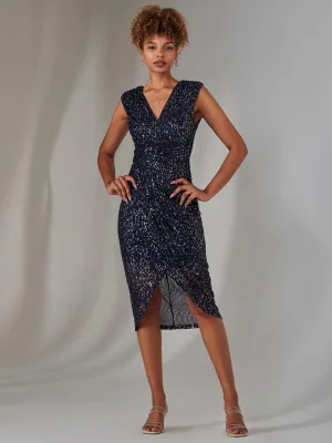 Aisla Ruched Sequin Bodycon Dress, Navy Silver