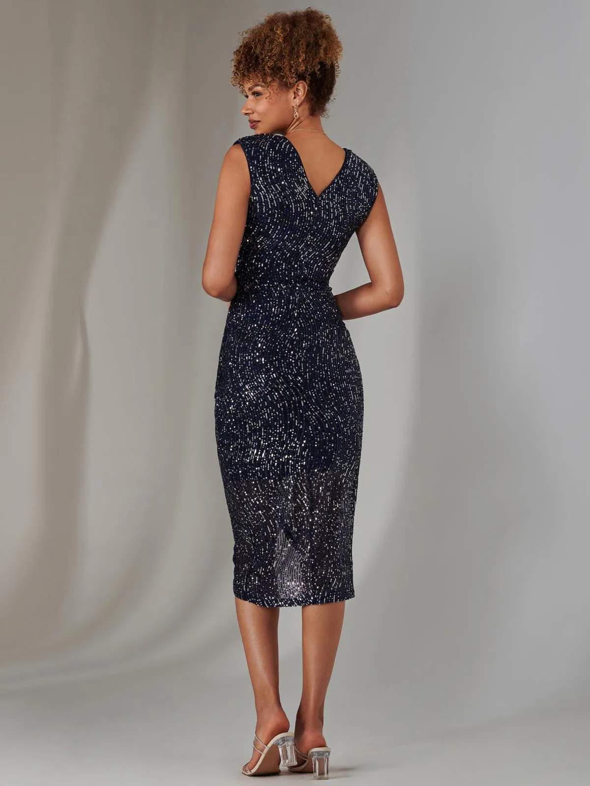 Aisla Ruched Sequin Bodycon Dress, Navy Silver