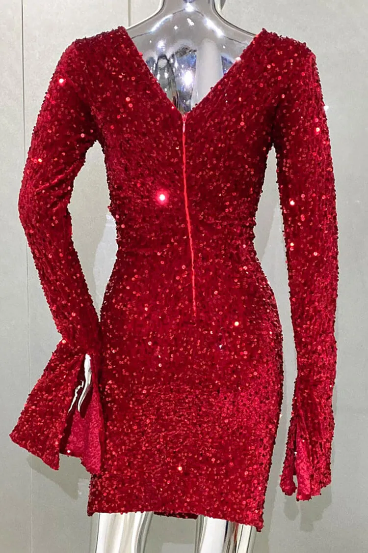 Amozae-hoco dresses -Sparkly Sequin Twist Cutout Long Sleeve Velvet Ruched Bodycon Party Mini Dress - Red