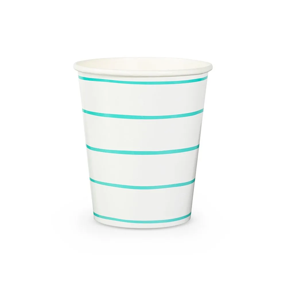 Aqua Green Striped Paper Cups (Set of 8)