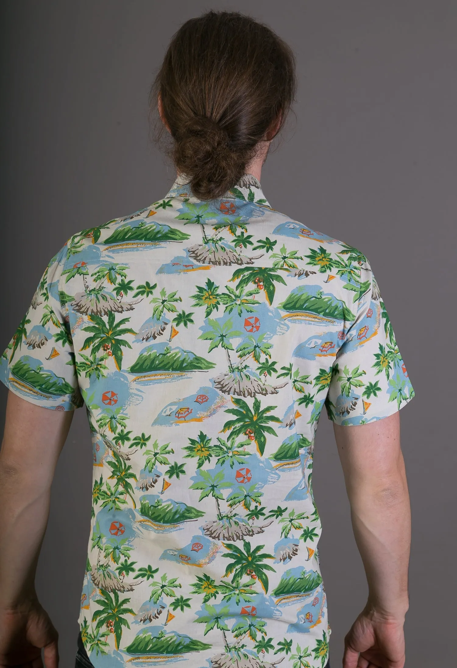 Beach Tropical Island Hawaiian Palm Tree Print Cotton Slim Fit Mens Shirt Short Sleeve