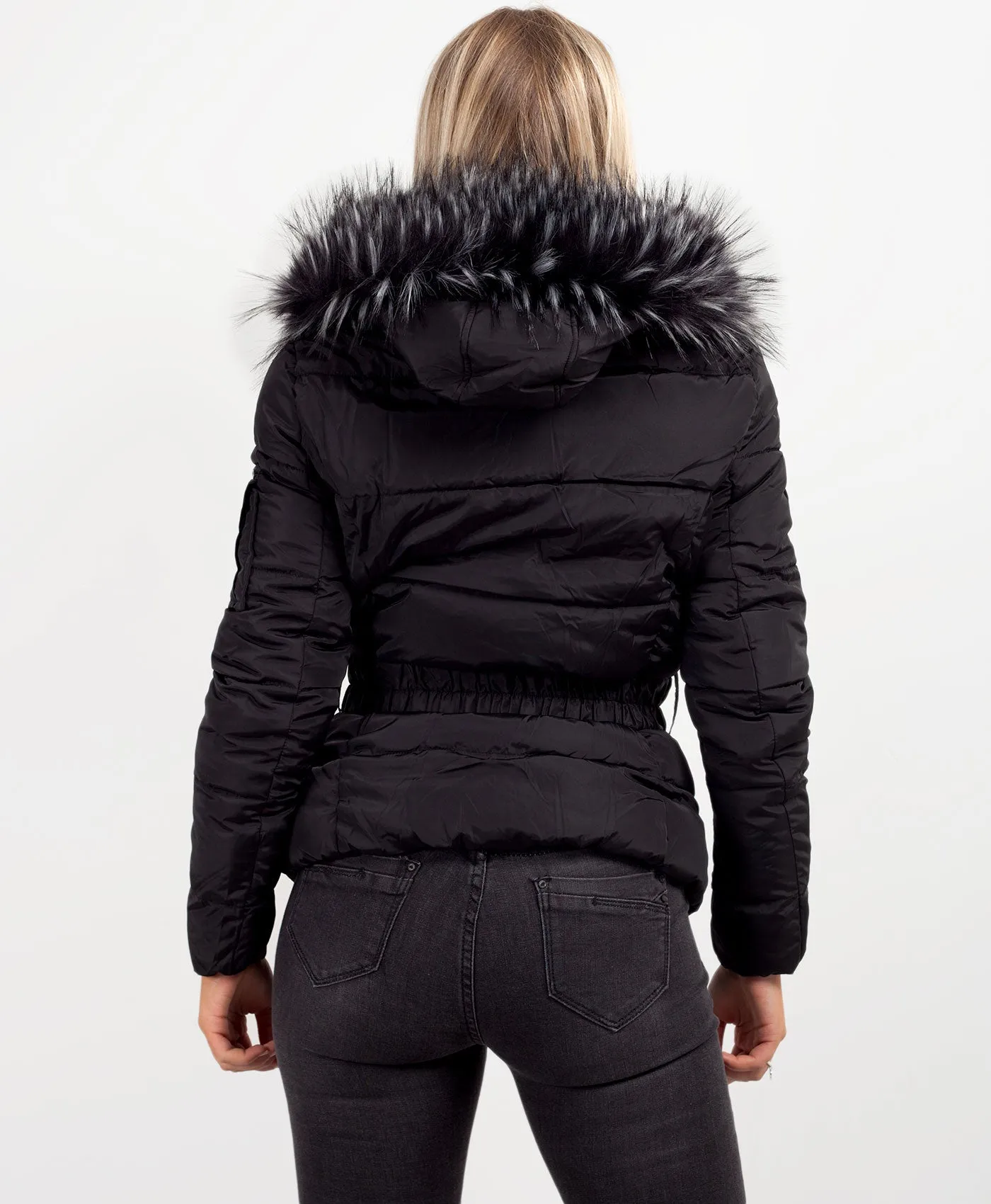 Black Chunky Faux Fur Hood Belted Puffer Jacket