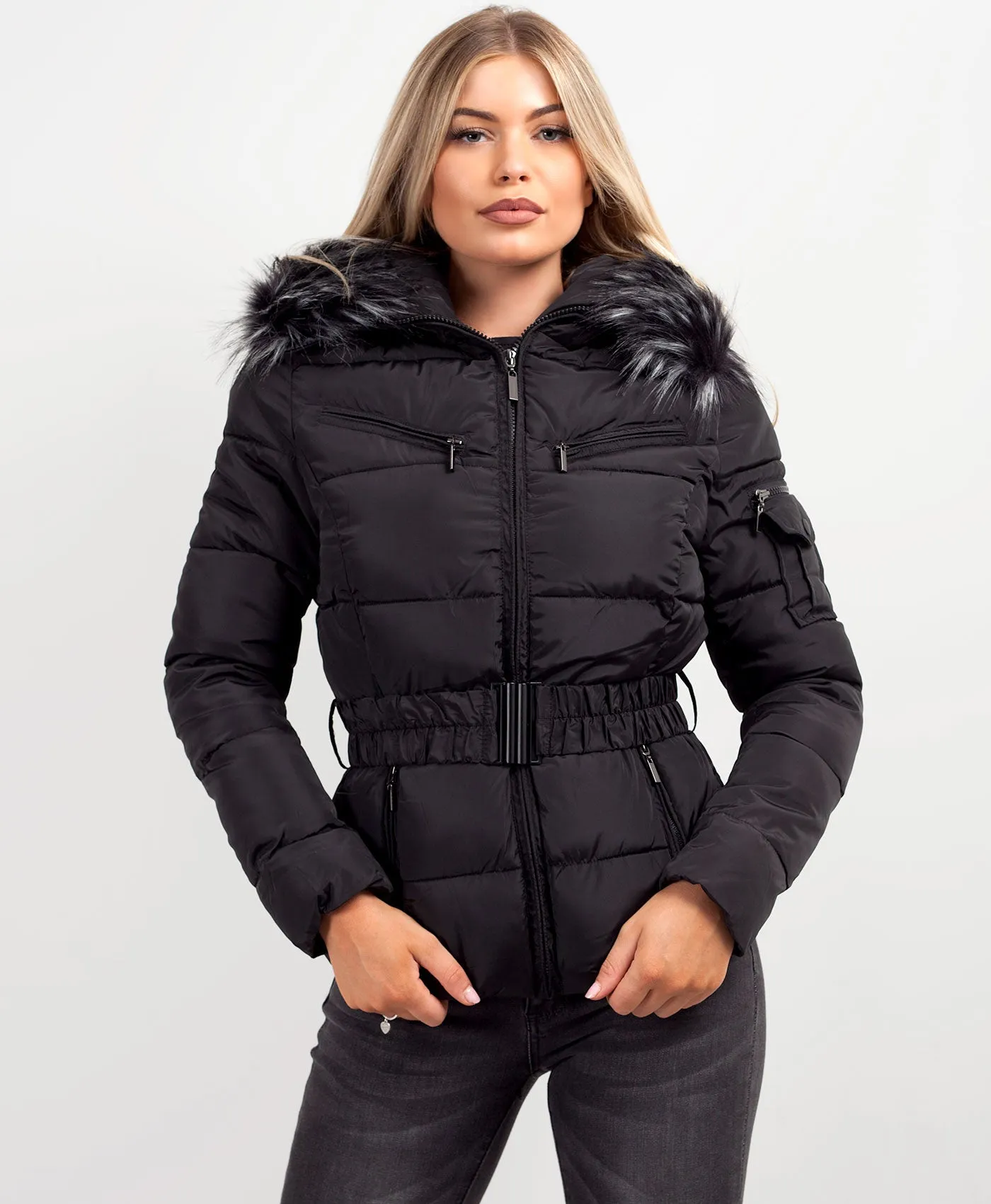 Black Chunky Faux Fur Hood Belted Puffer Jacket