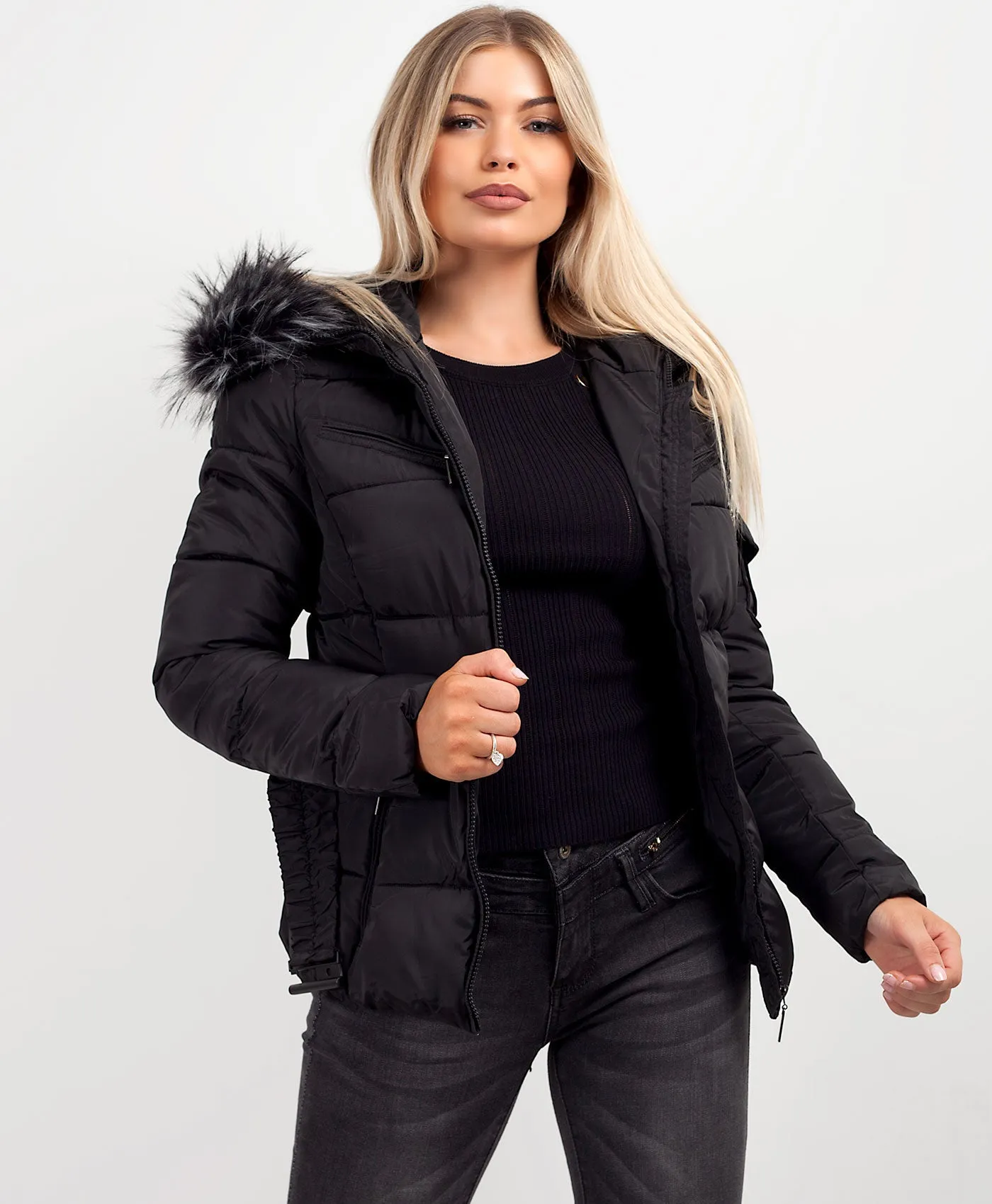 Black Chunky Faux Fur Hood Belted Puffer Jacket