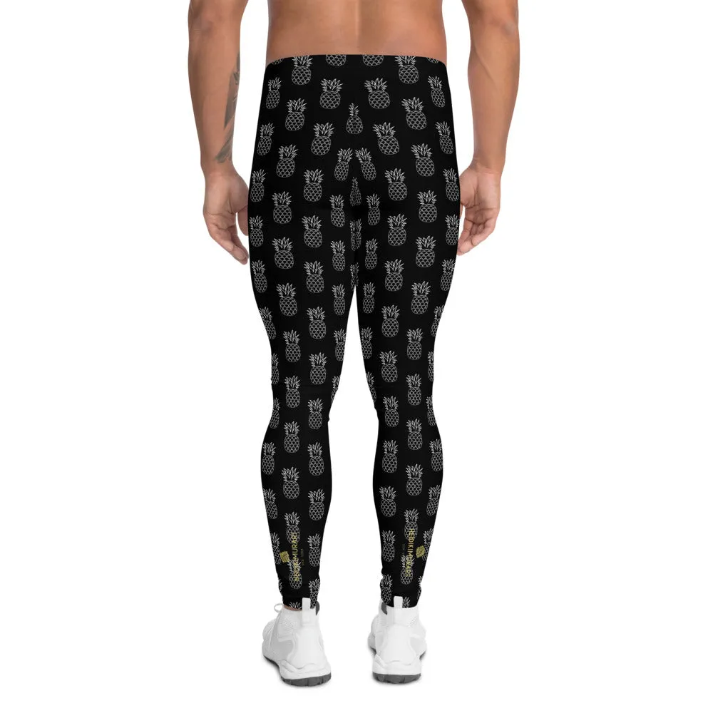 Black Pineapple Print Men's Leggings, Fun Tropical Fruit Pineapple Meggings-Made in USA/EU