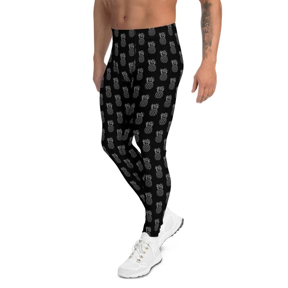 Black Pineapple Print Men's Leggings, Fun Tropical Fruit Pineapple Meggings-Made in USA/EU