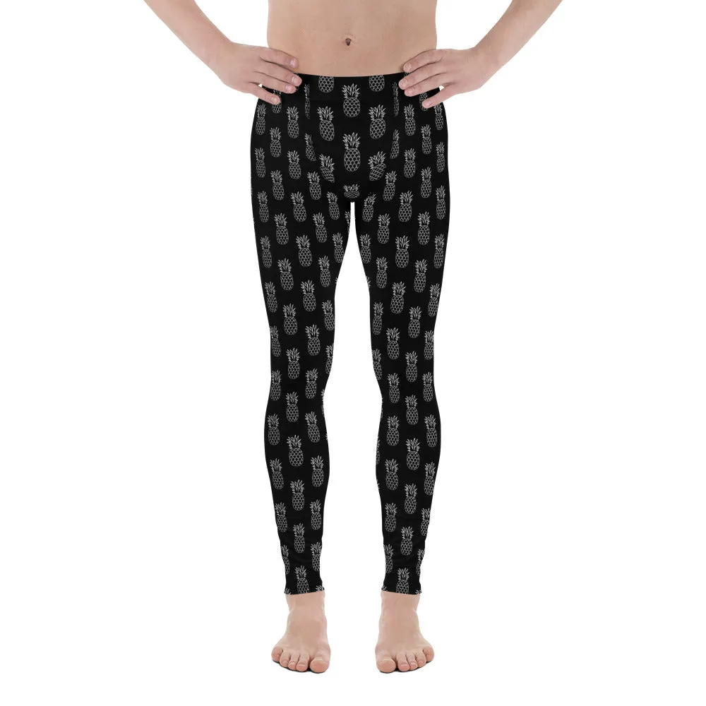 Black Pineapple Print Men's Leggings, Fun Tropical Fruit Pineapple Meggings-Made in USA/EU