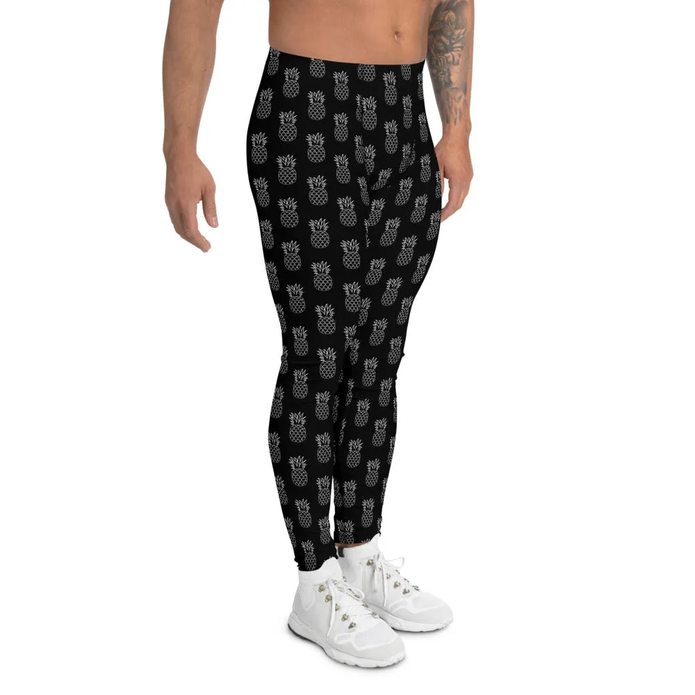 Black Pineapple Print Men's Leggings, Fun Tropical Fruit Pineapple Meggings-Made in USA/EU