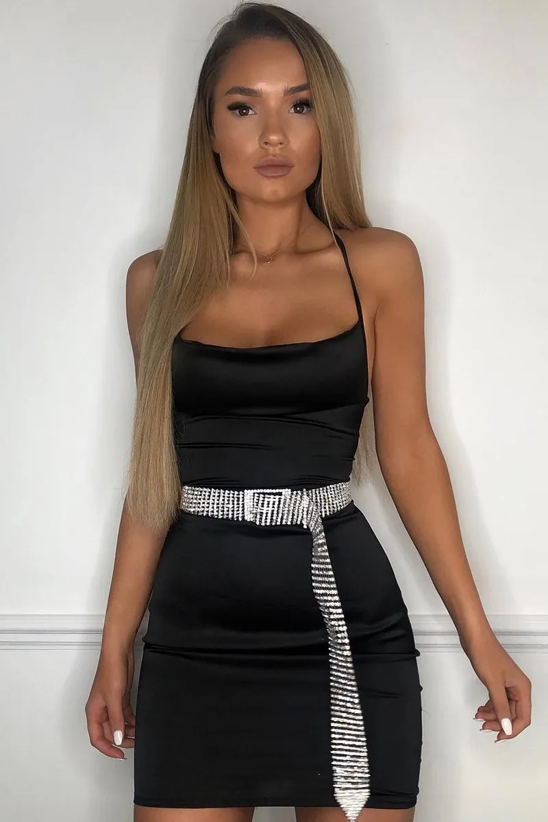 Black Satin Lace Up Bodycon Mini Dress - Sira