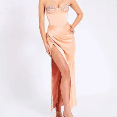 Bobbi Sweetheart Neck Crystal Embellished Side Slit Midi Dress