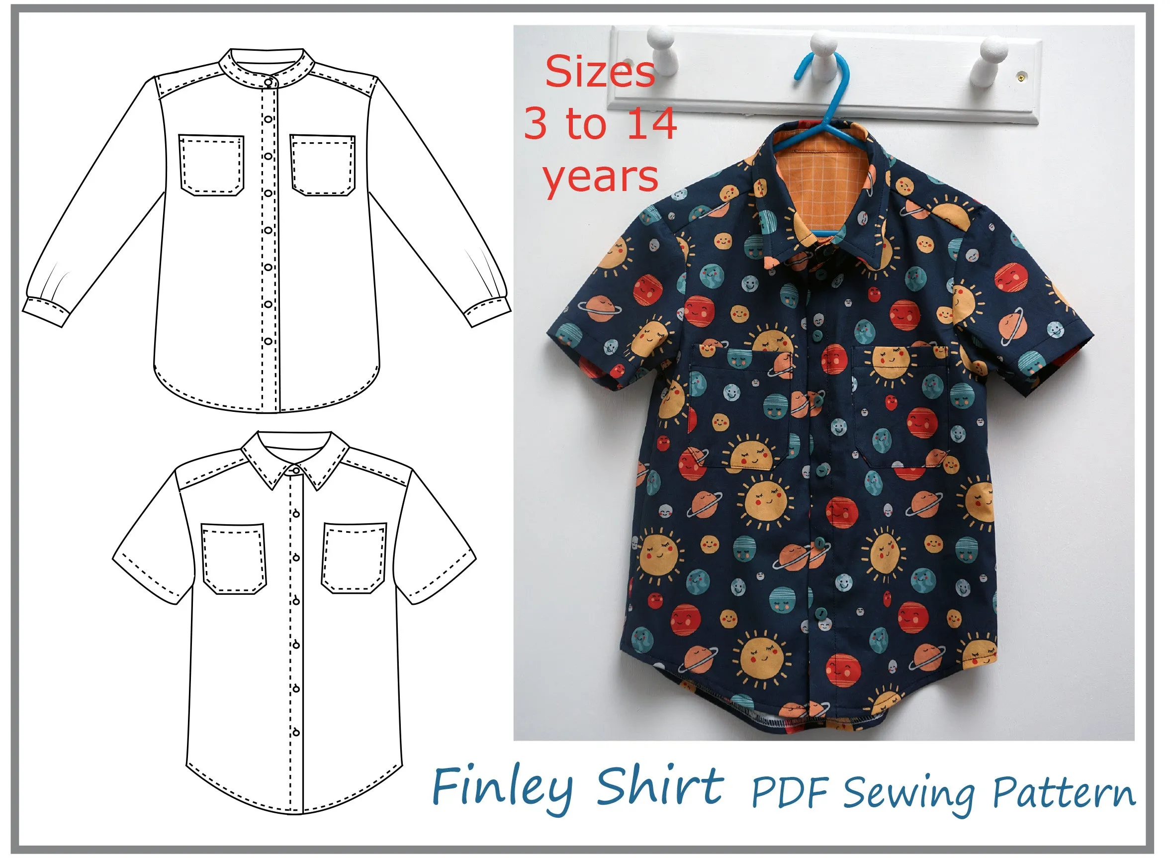 Boy's classic shirt, school shirt, sizes 3 to 14 years PDF sewing pattern. FINLEY SHIRT.