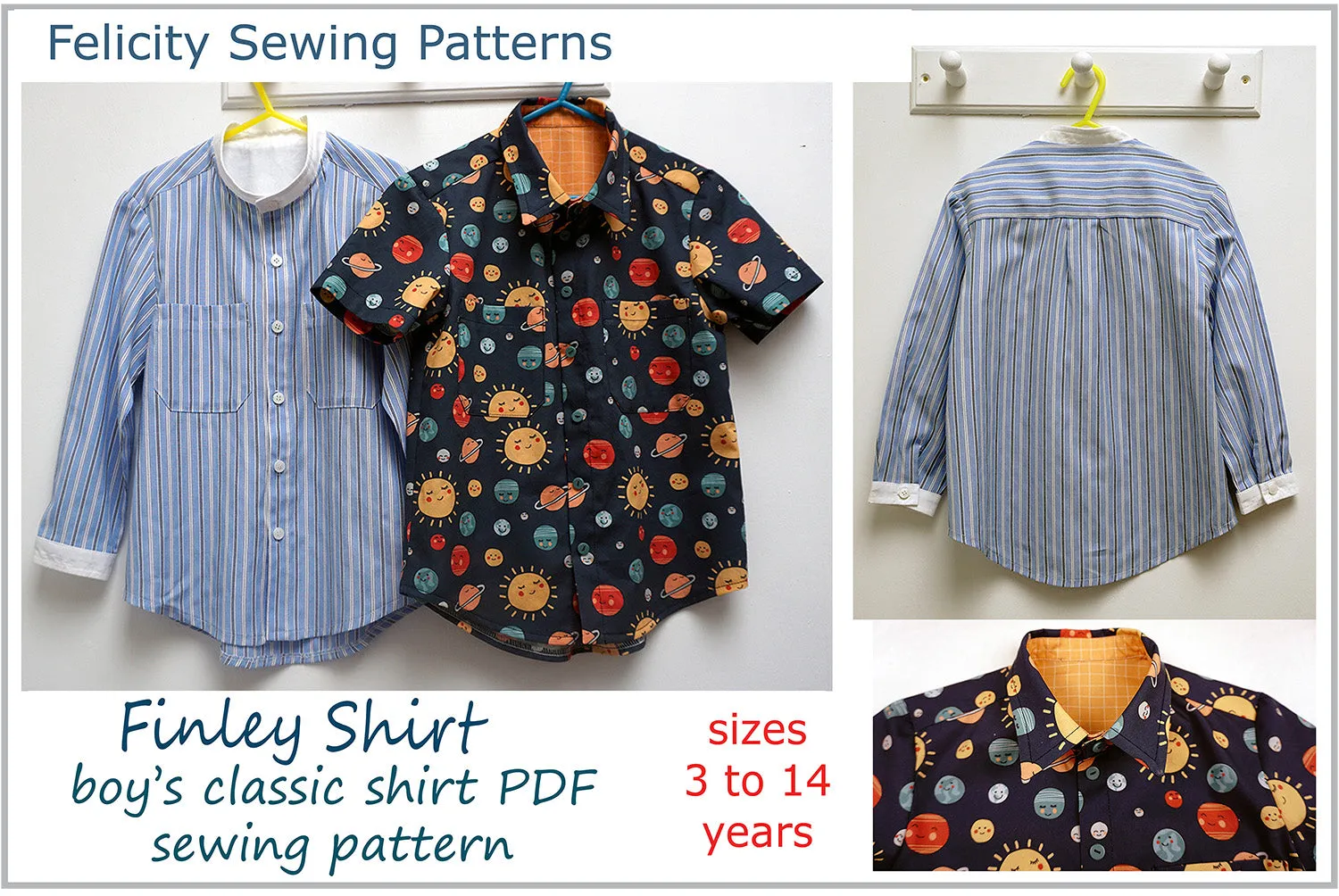 Boy's classic shirt, school shirt, sizes 3 to 14 years PDF sewing pattern. FINLEY SHIRT.