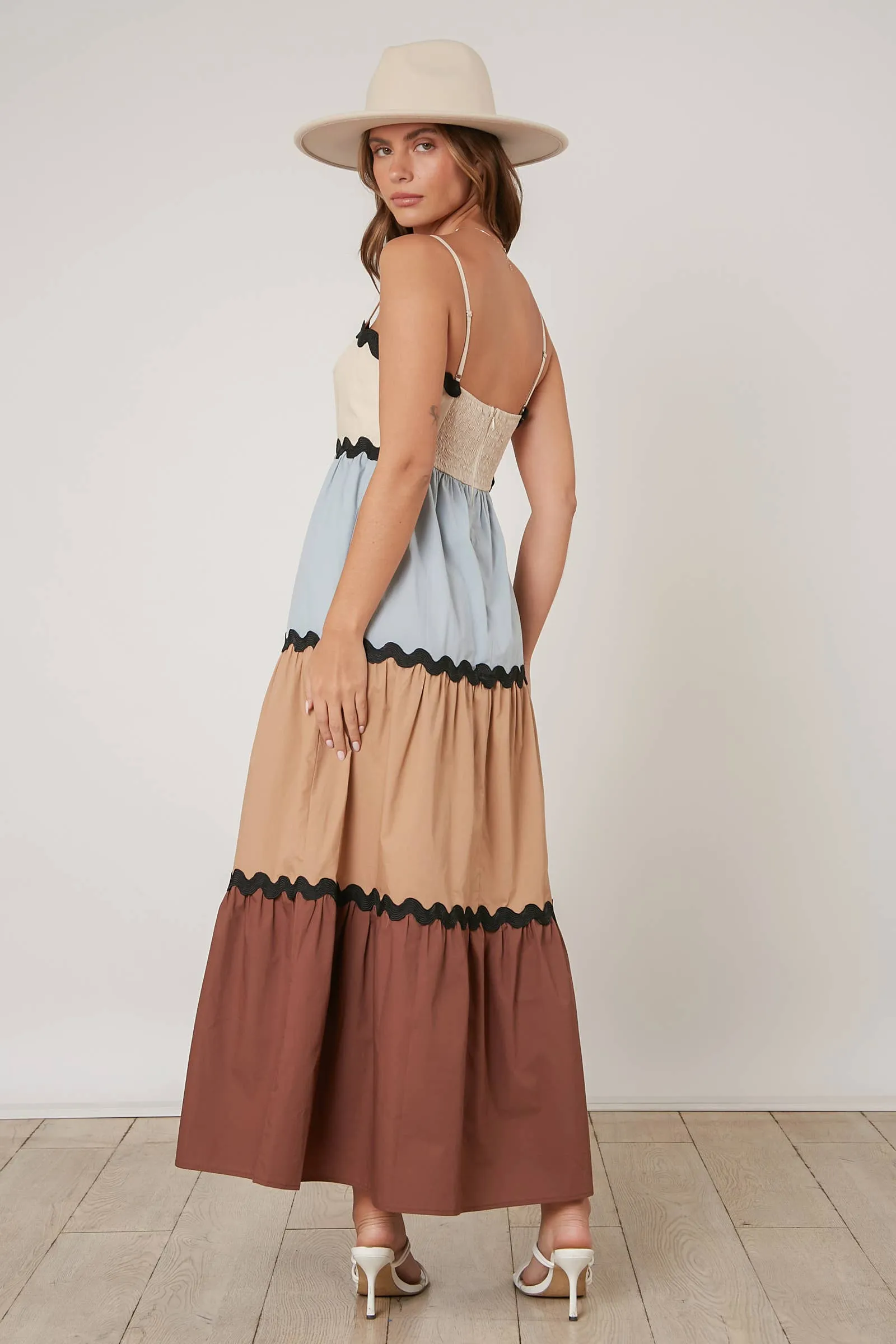 BROWN AND BABY BLUE COLOR BLOCKED TIERED MAXI DRESS