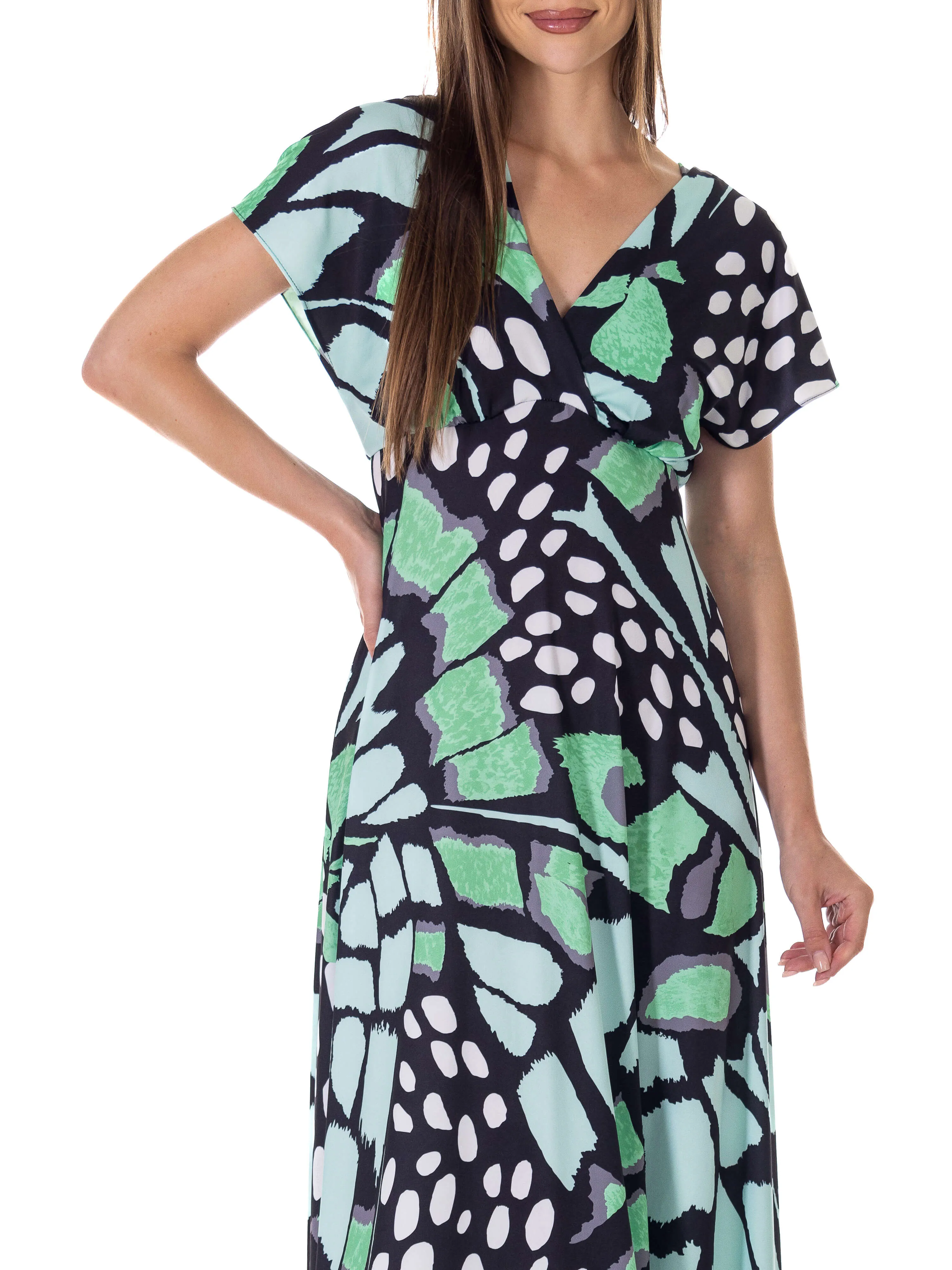 Butterfly Print V Neck Empire Waist Kimono Cap Sleeve Maxi Dress