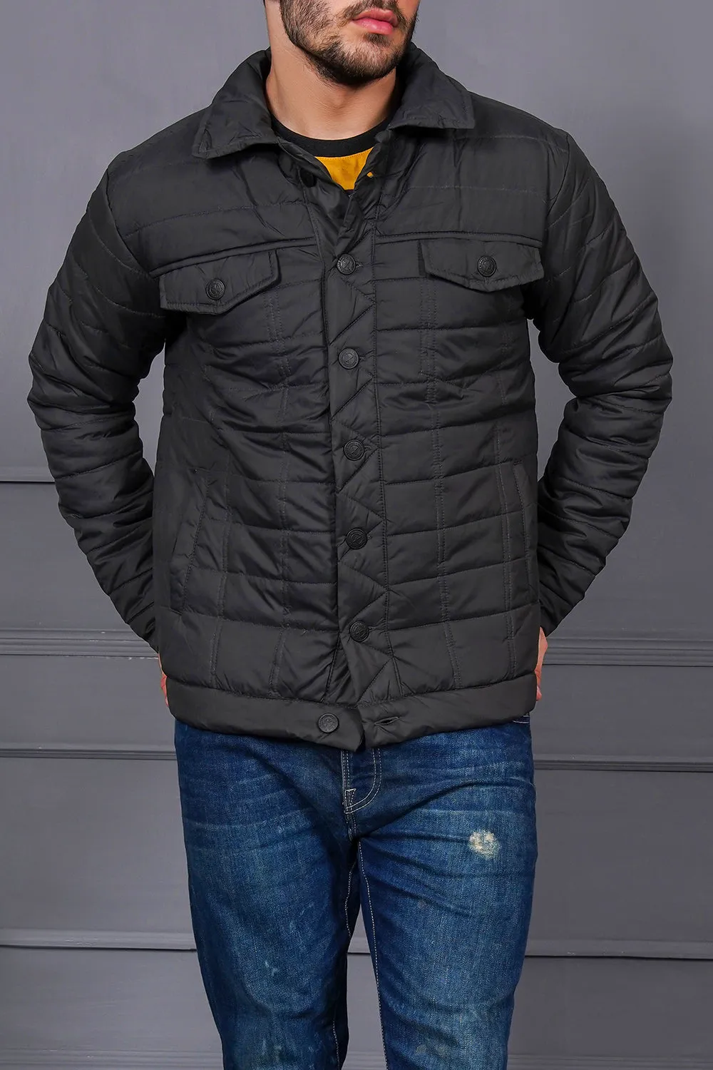 Button Down Charcoal Men Biker Jacket With Front Pockets