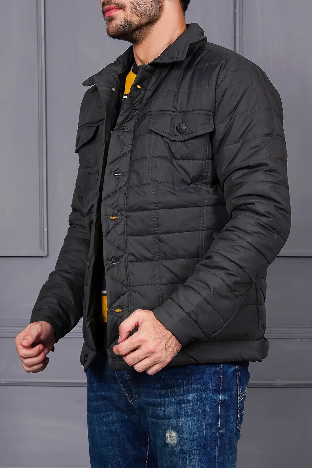 Button Down Charcoal Men Biker Jacket With Front Pockets