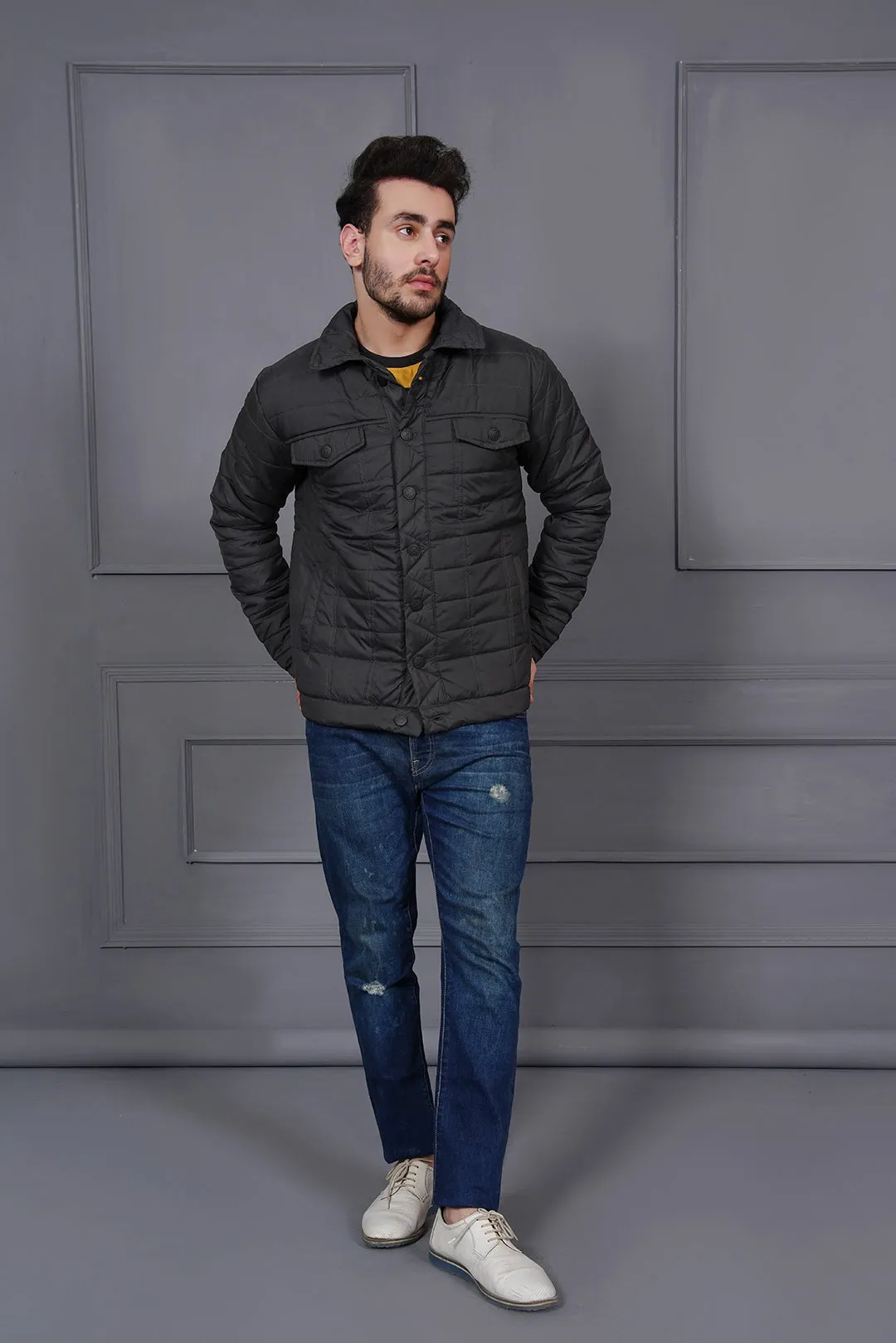 Button Down Charcoal Men Biker Jacket With Front Pockets