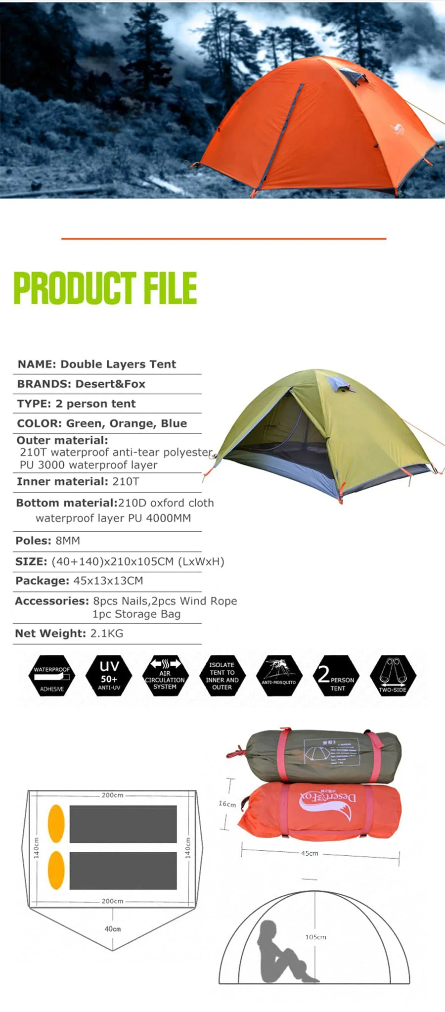 Camping Tent 1 Person Easy Setup Breathable Lightweight Waterproof