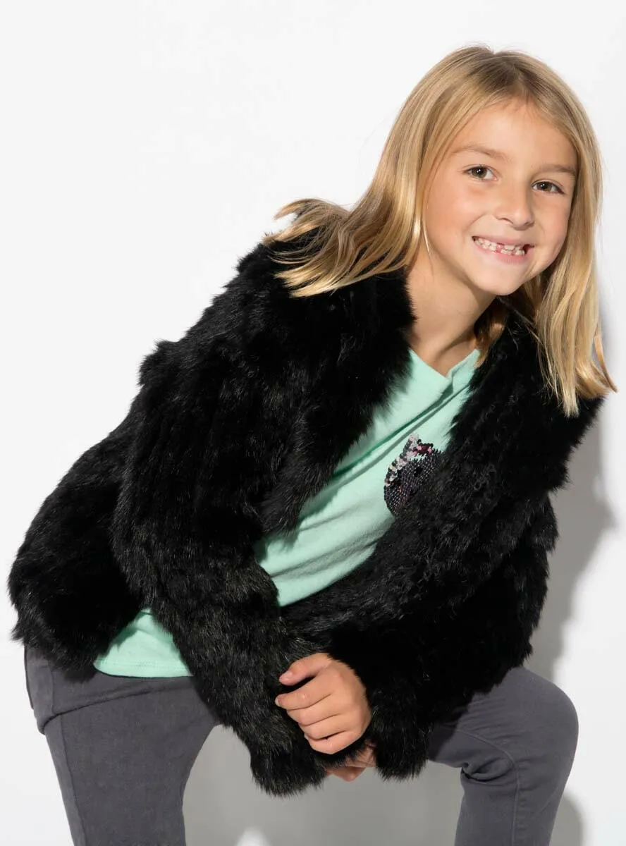 Children's Black Knitted Rabbit Fur Jacket with Hood