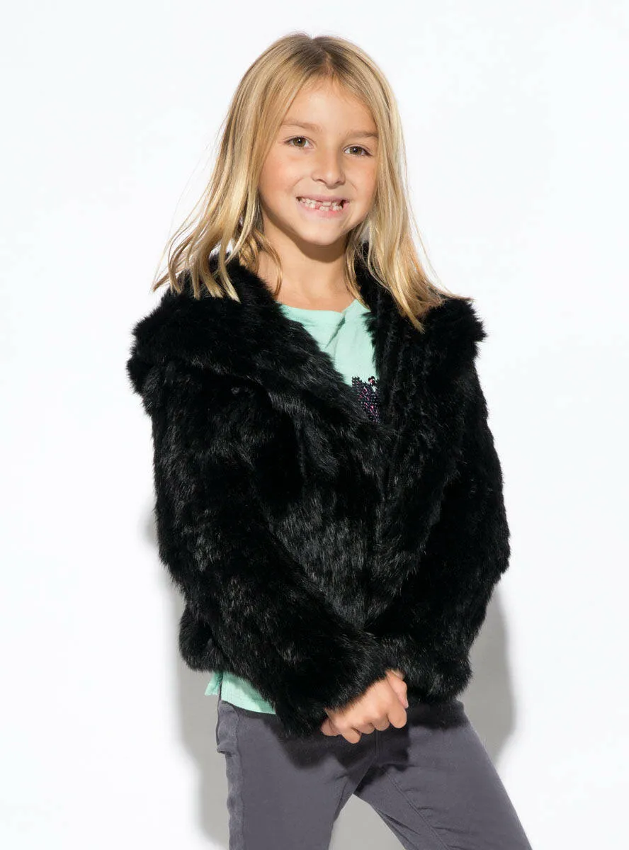 Children's Black Knitted Rabbit Fur Jacket with Hood