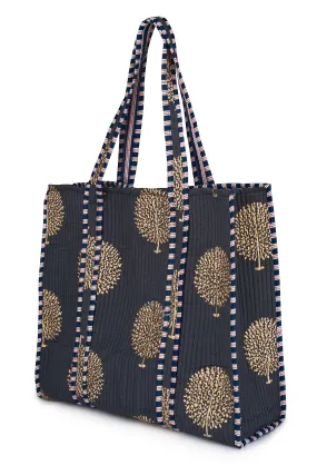 Cotton Tote Bag In Charcoal Grey & Gold