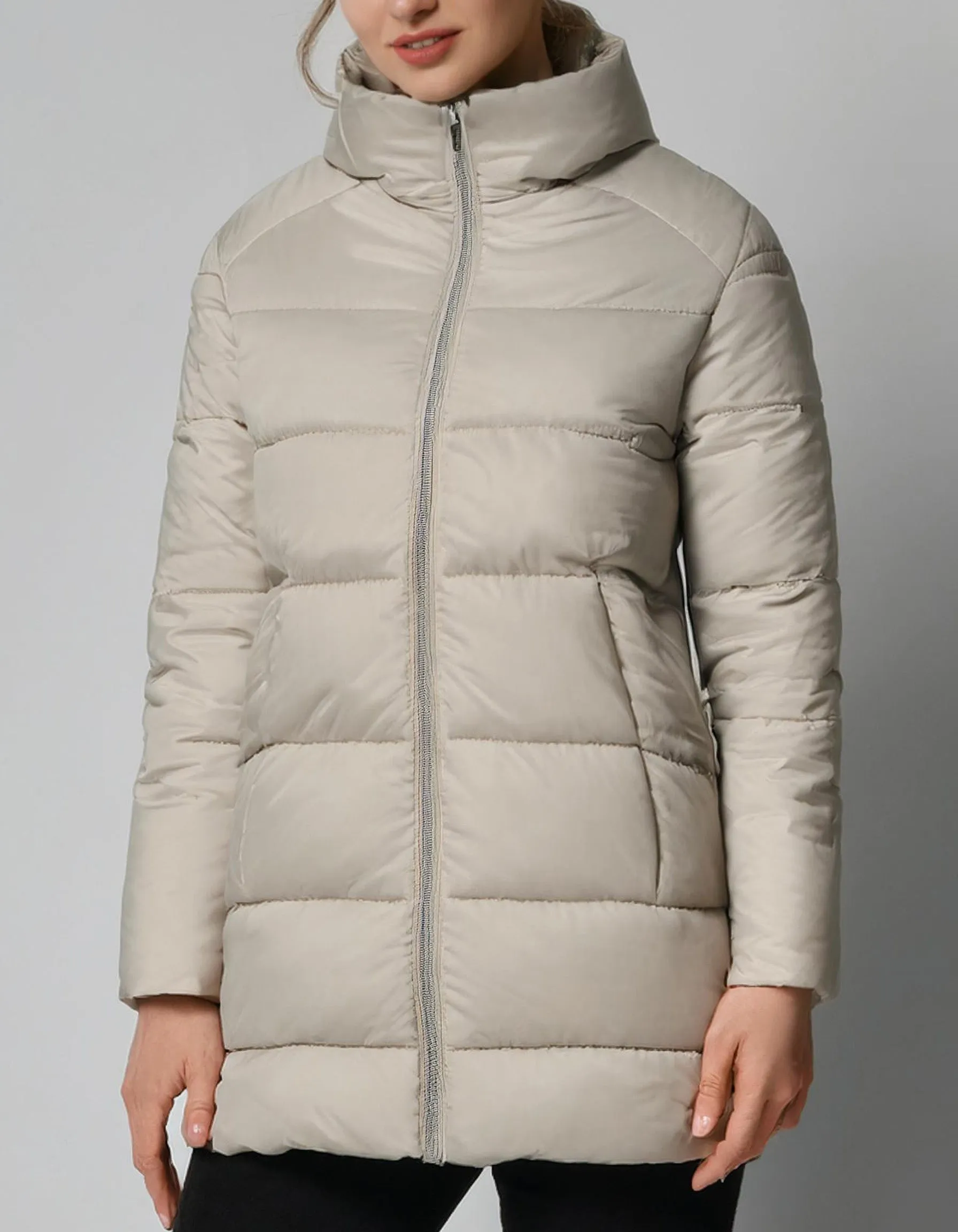 Cream Long-Line Hooded Puffer Jacket