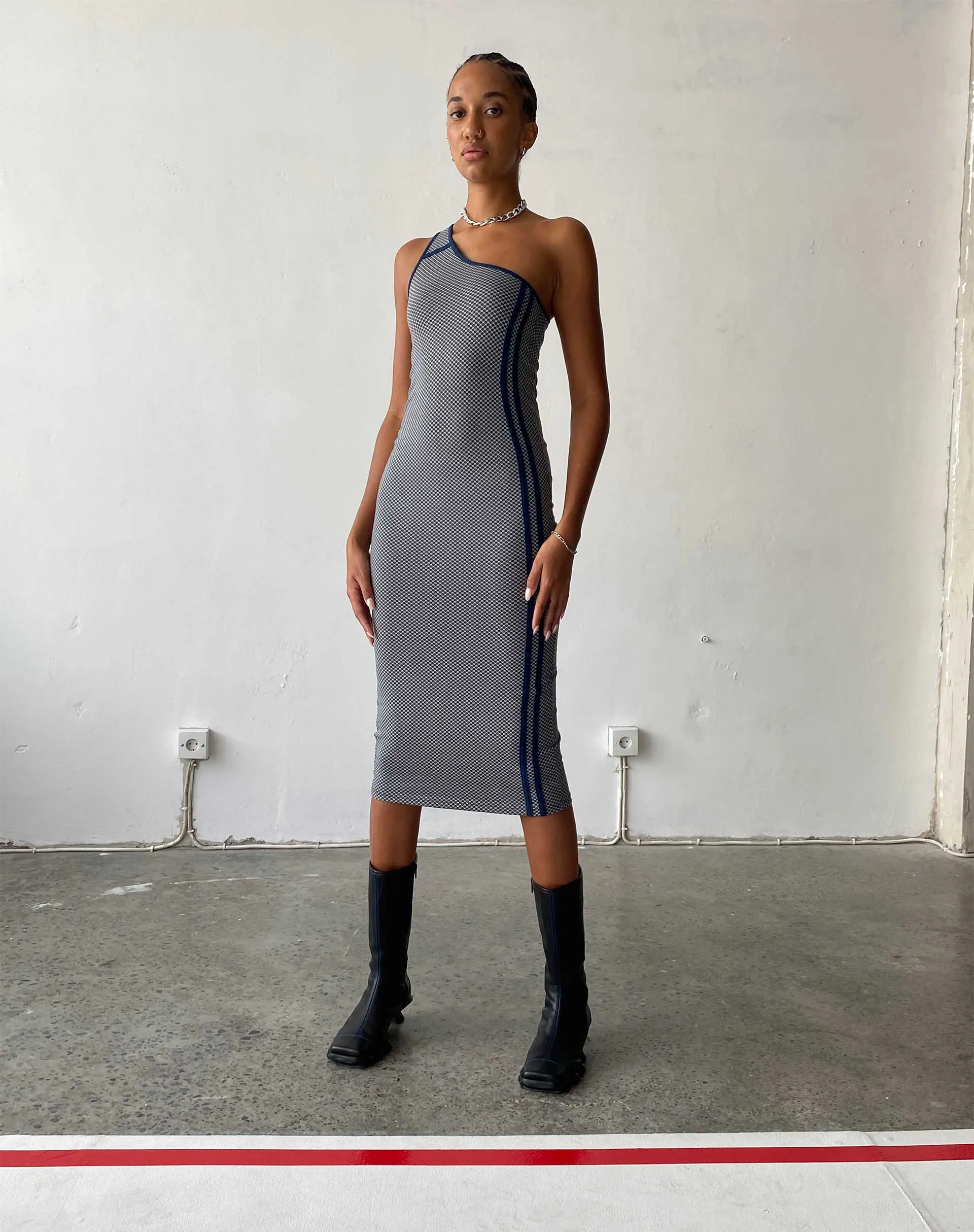 Cresida One Shoulder Midi Dress in Grey Navy Sporty Micro Spot