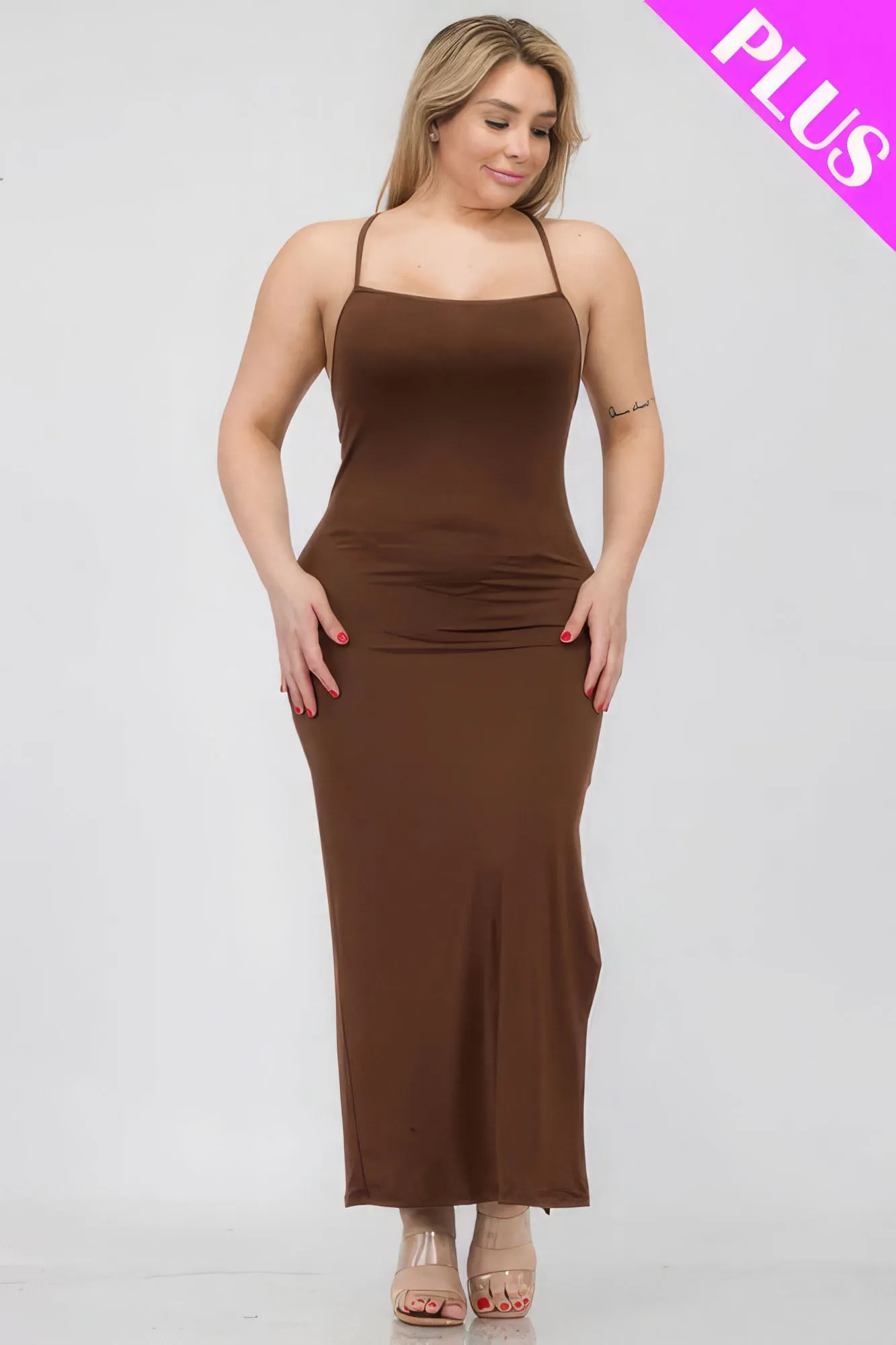 Crisscross Back Split Thigh Voluptuous ( ) Women's Plus Size Maxi Dress