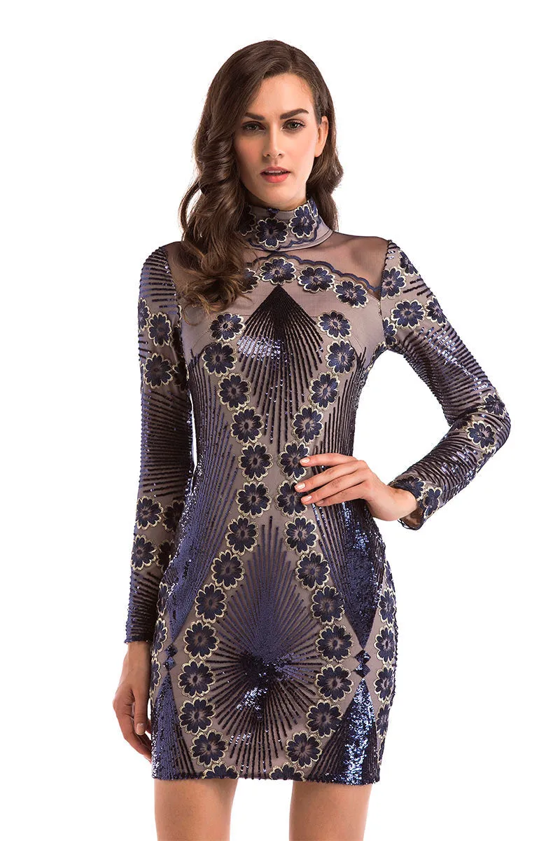 Dark Navy Embroidered Sequined Bodycon Dress With Long Sleeves