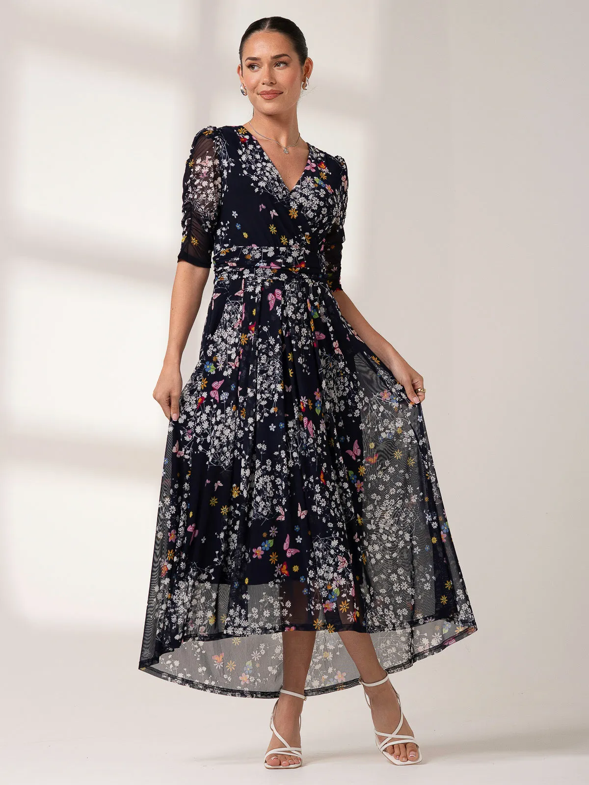 Dasha Ruched Sleeved Mesh Maxi Dress, Navy Floral