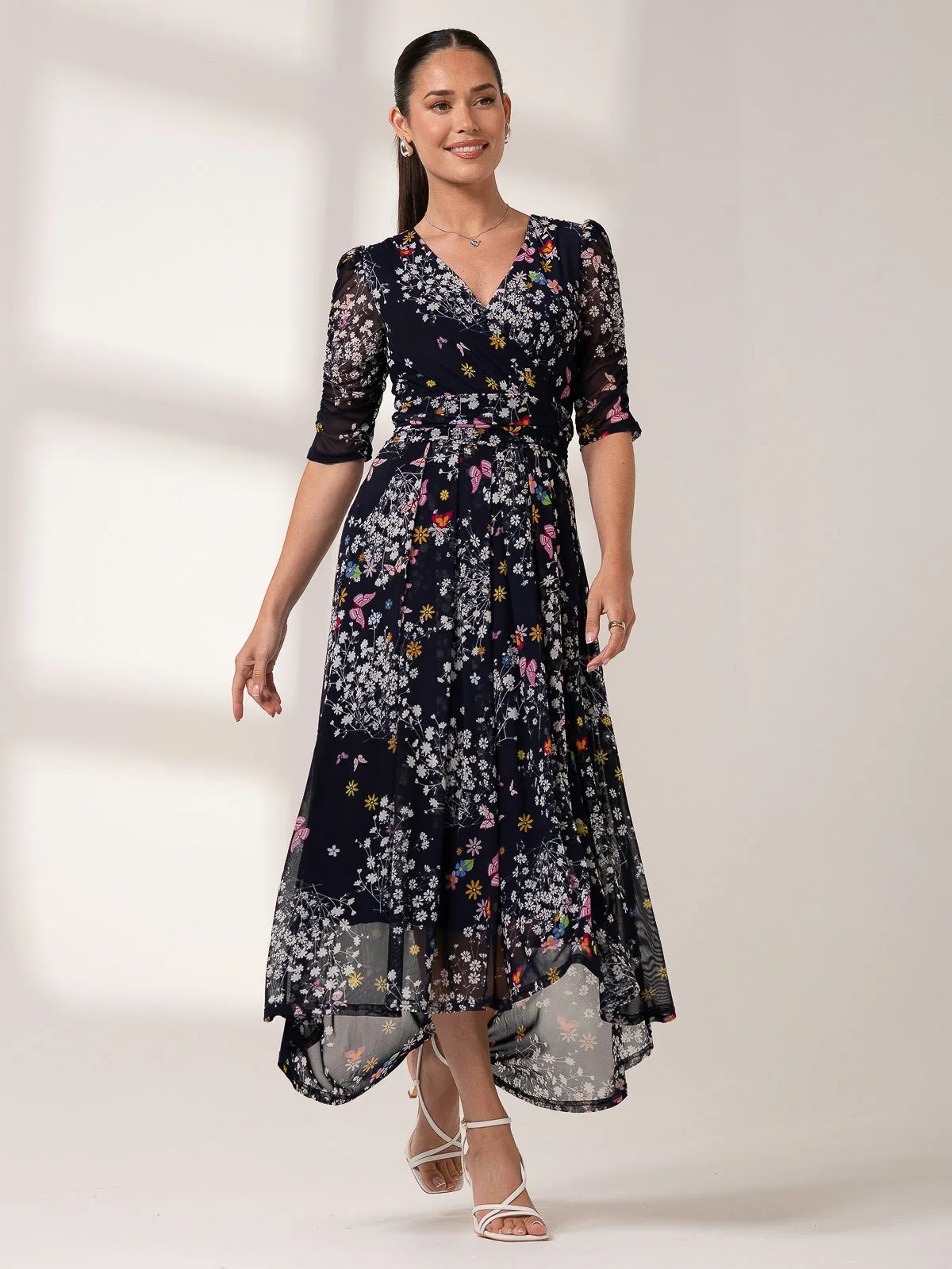 Dasha Ruched Sleeved Mesh Maxi Dress, Navy Floral