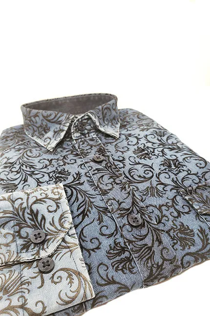 Denim Button Down Shirt W/ Floral Flocking