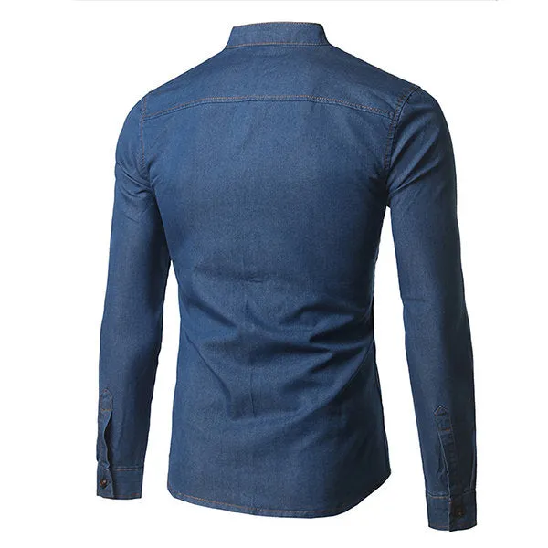 Denim Designer Shirts for Men Autumn Chest Pocket Stand Collar Slim