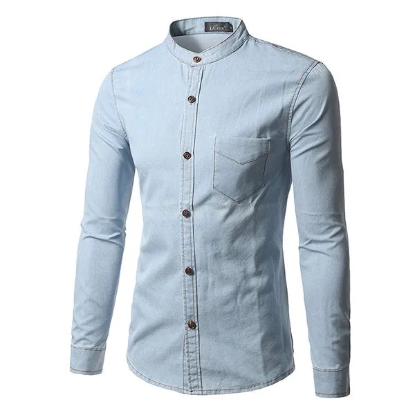 Denim Designer Shirts for Men Autumn Chest Pocket Stand Collar Slim