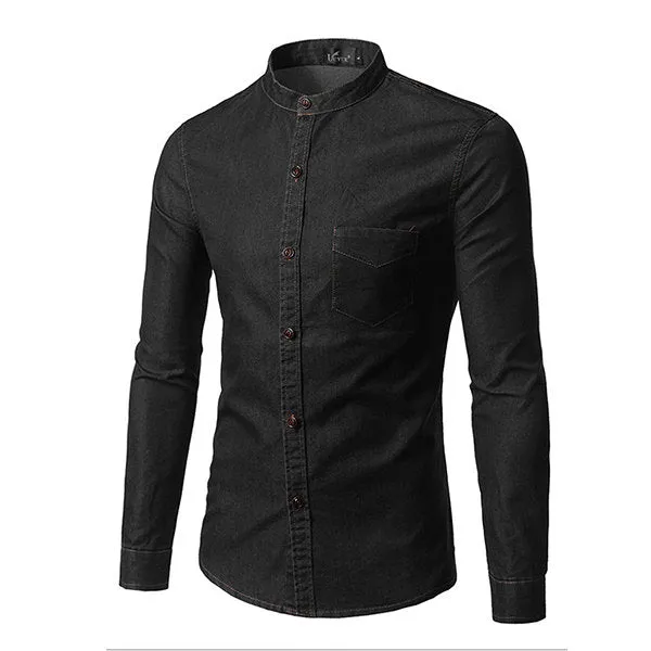 Denim Designer Shirts for Men Autumn Chest Pocket Stand Collar Slim