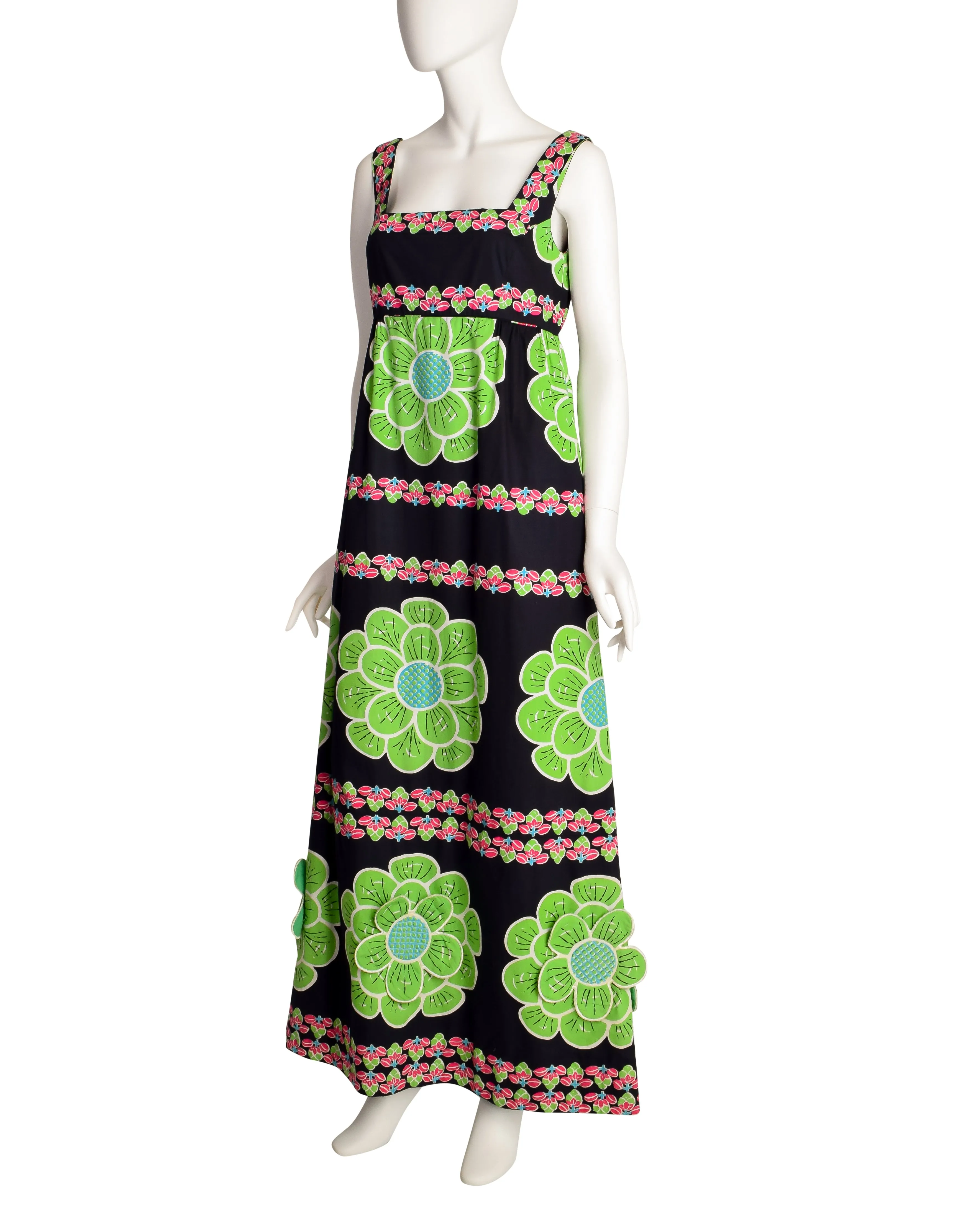 Design Thai Vintage Vivid Bright Green 3D Flower Black Cotton Maxi Dress