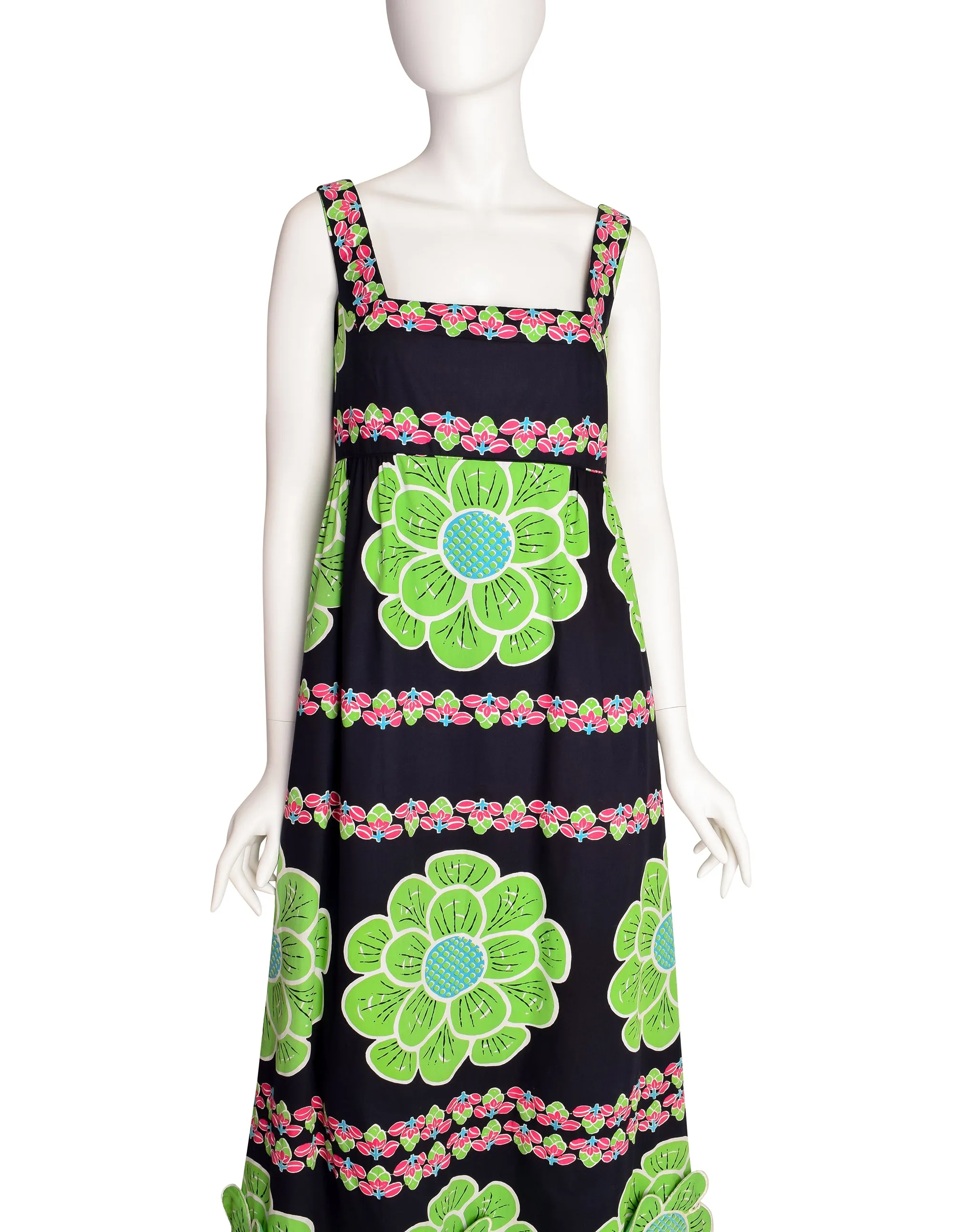 Design Thai Vintage Vivid Bright Green 3D Flower Black Cotton Maxi Dress