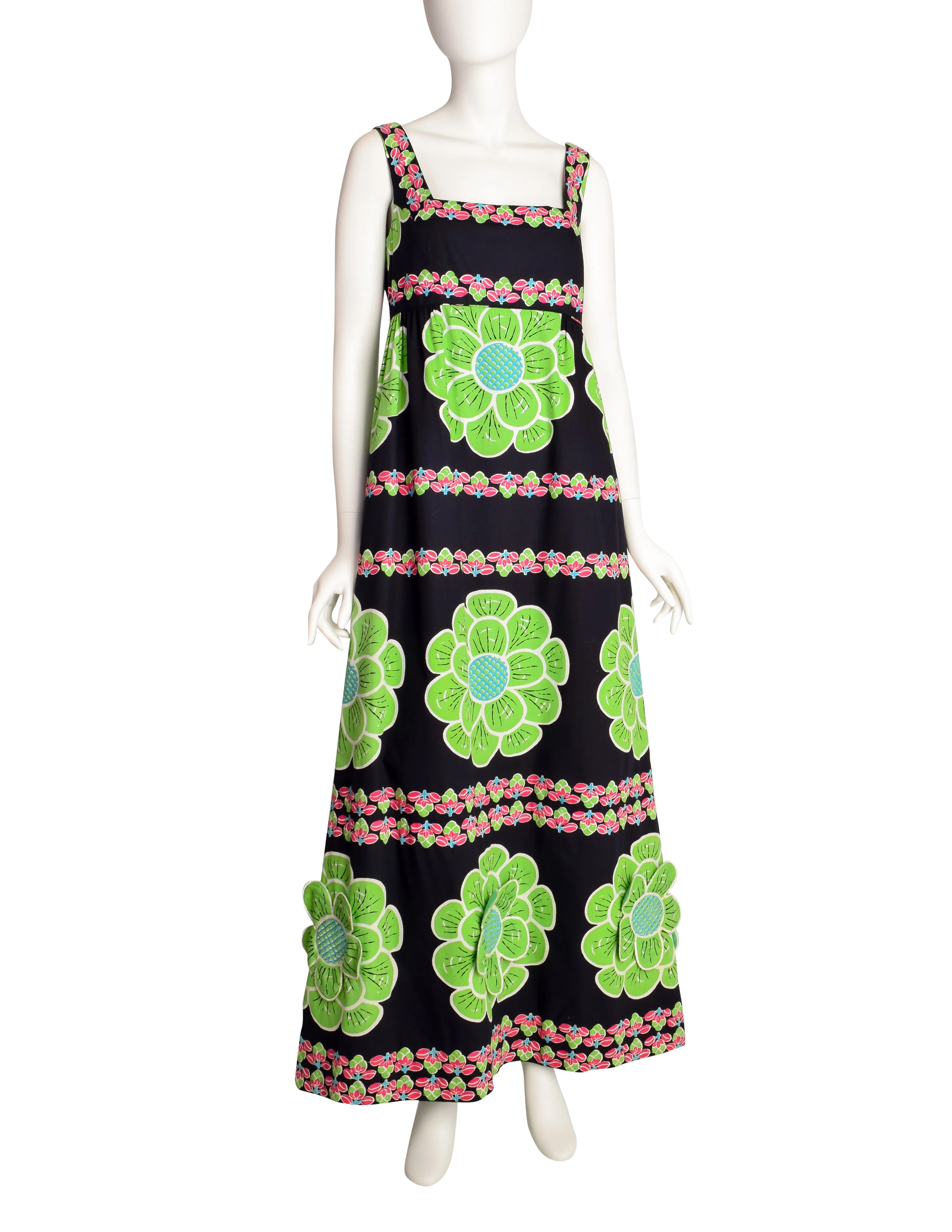 Design Thai Vintage Vivid Bright Green 3D Flower Black Cotton Maxi Dress