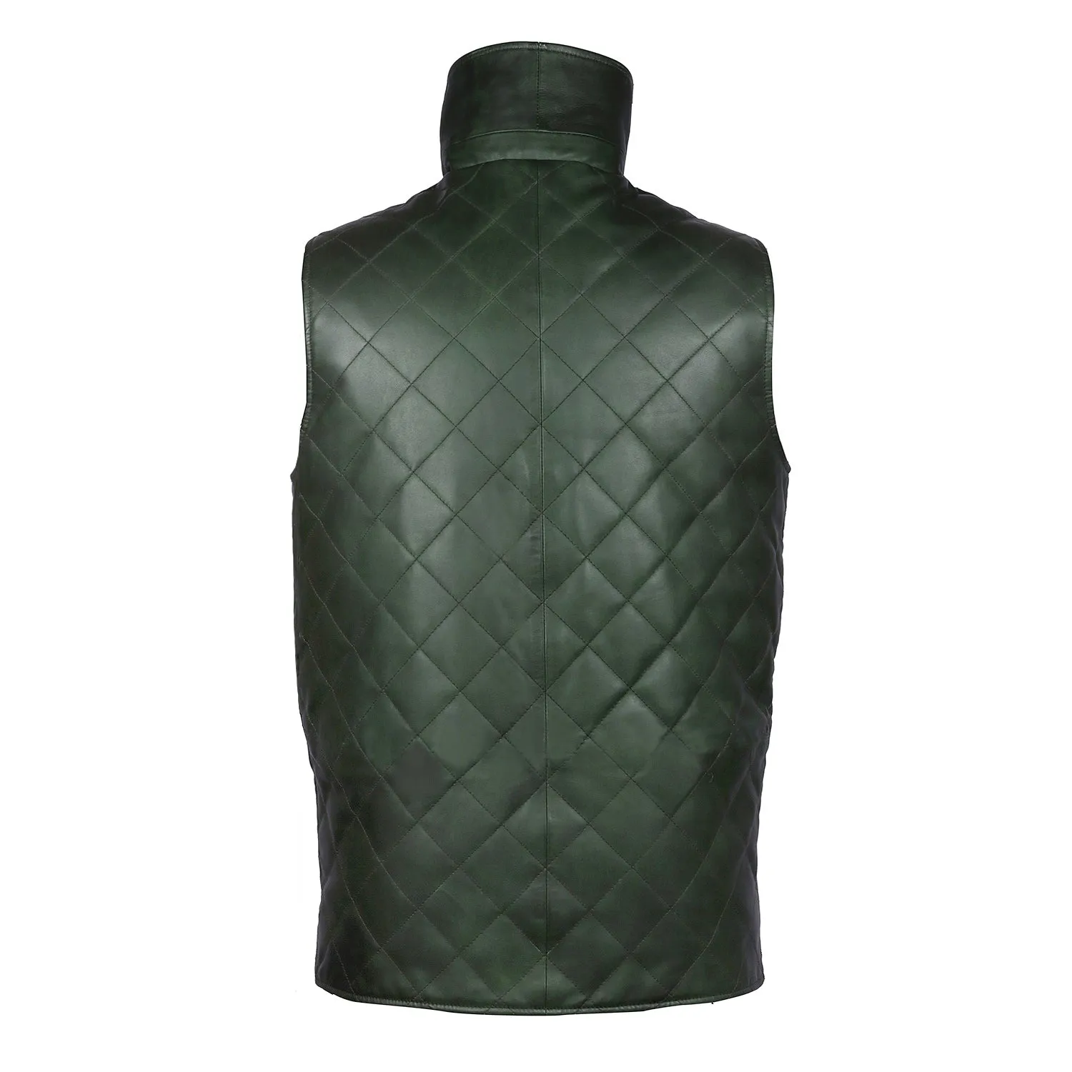 Diamond Stitched Green Leather Vest Jacket with Zipper Closure