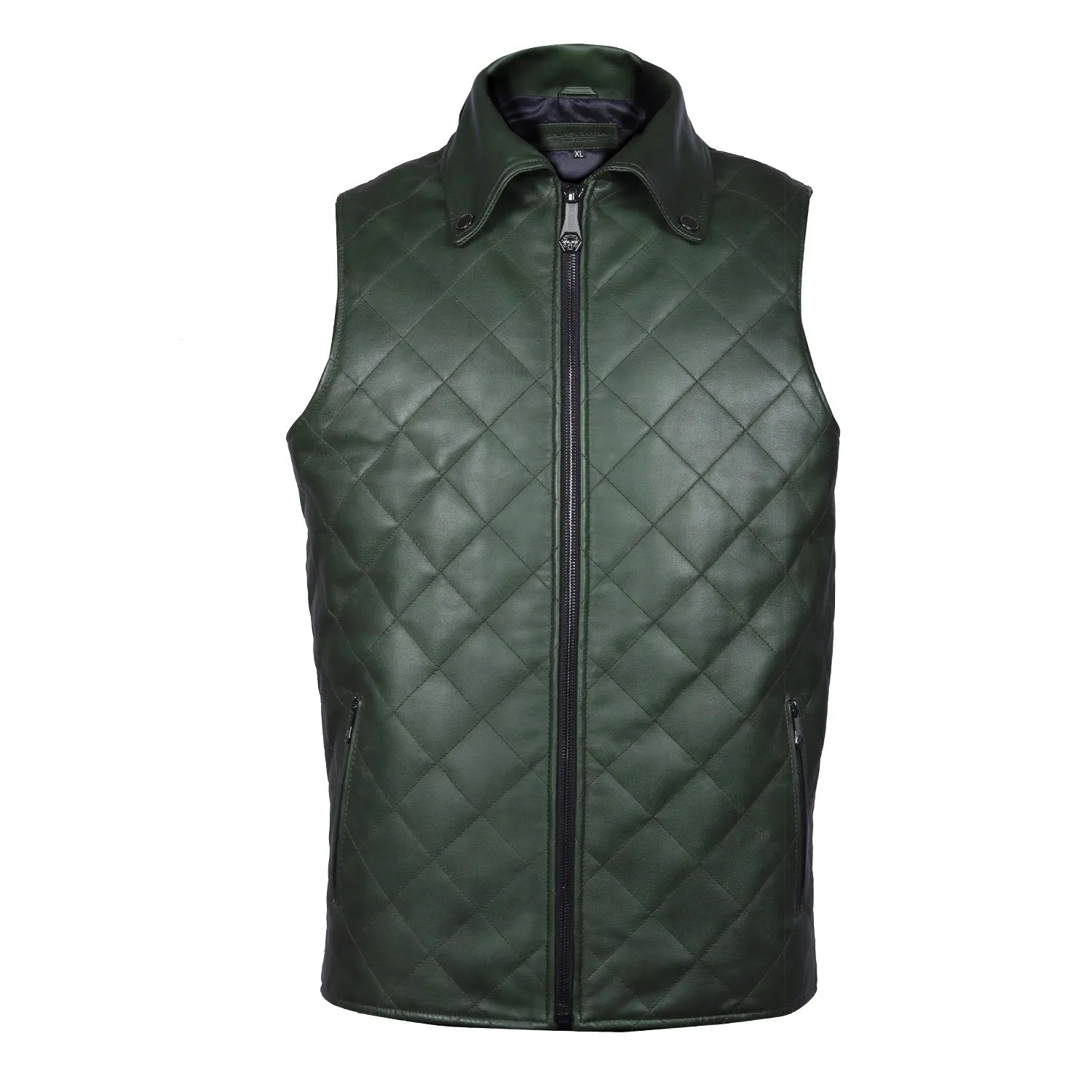 Diamond Stitched Green Leather Vest Jacket with Zipper Closure