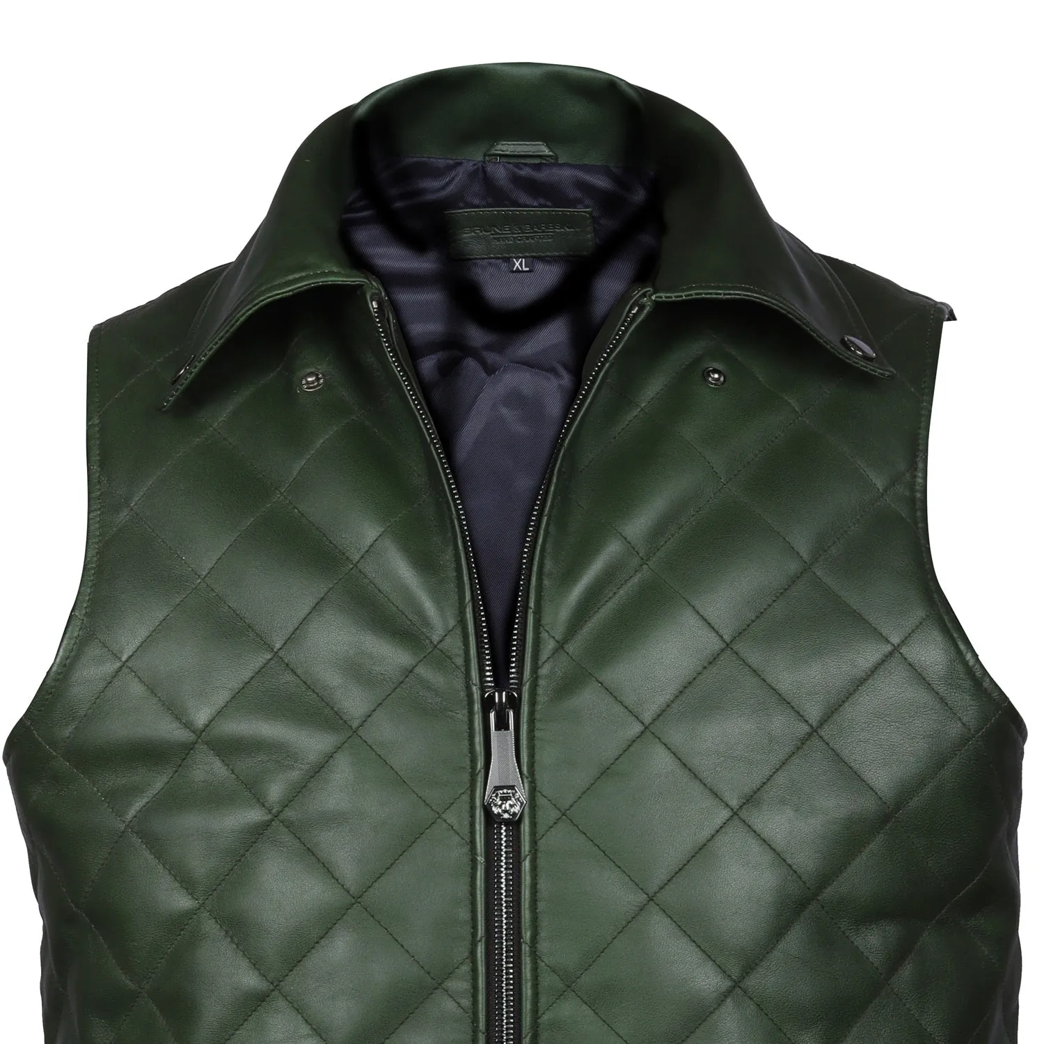 Diamond Stitched Green Leather Vest Jacket with Zipper Closure