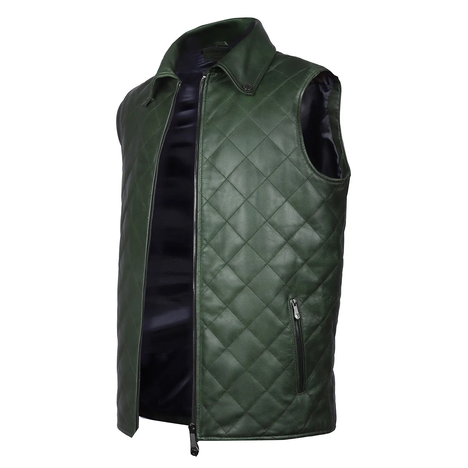 Diamond Stitched Green Leather Vest Jacket with Zipper Closure