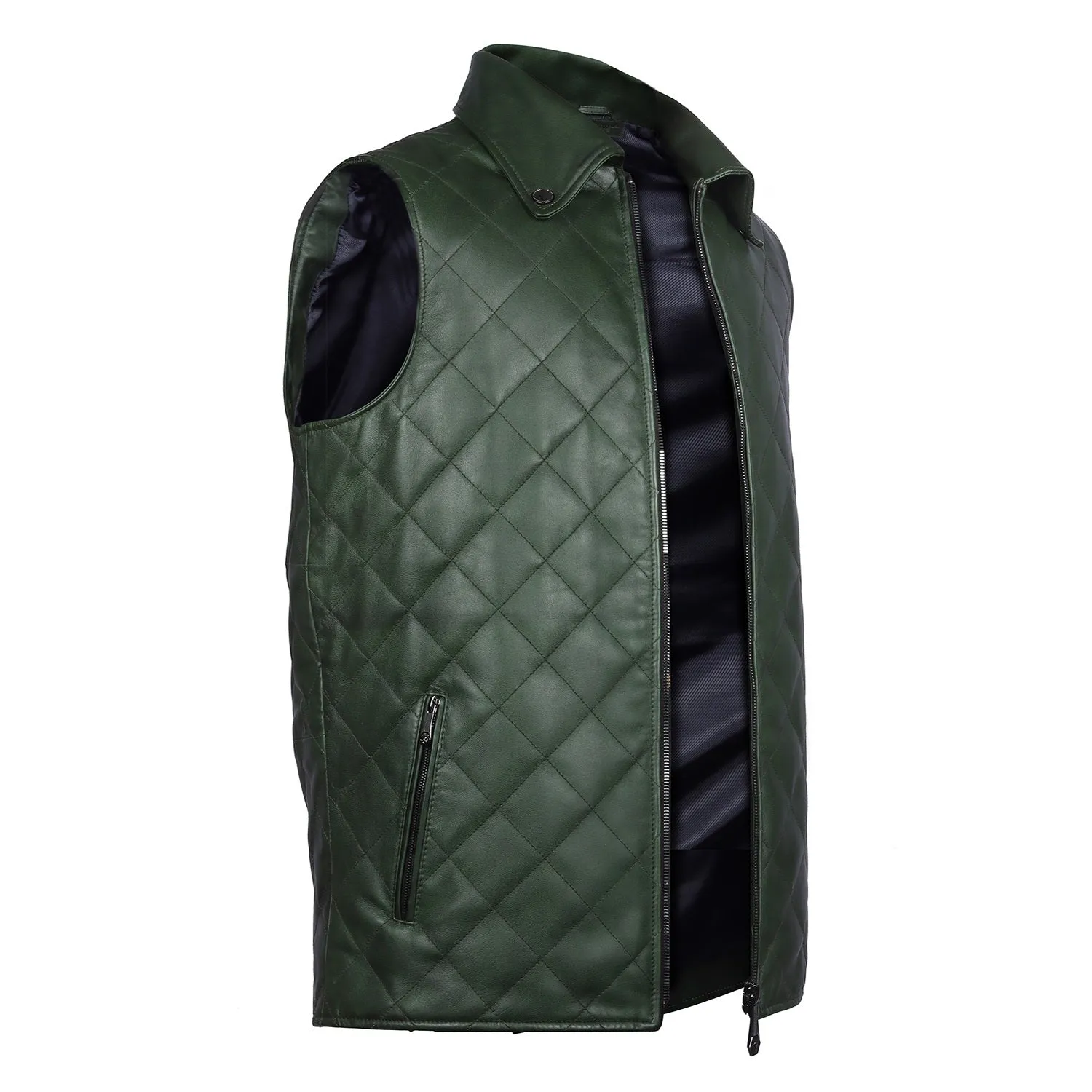 Diamond Stitched Green Leather Vest Jacket with Zipper Closure