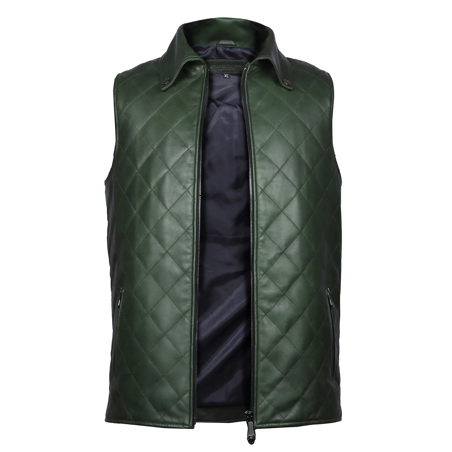 Diamond Stitched Green Leather Vest Jacket with Zipper Closure