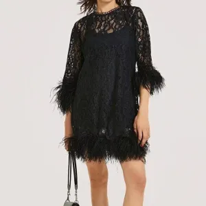 Esmeralda Long Sleeve Lace Feather Trim Mini Dress