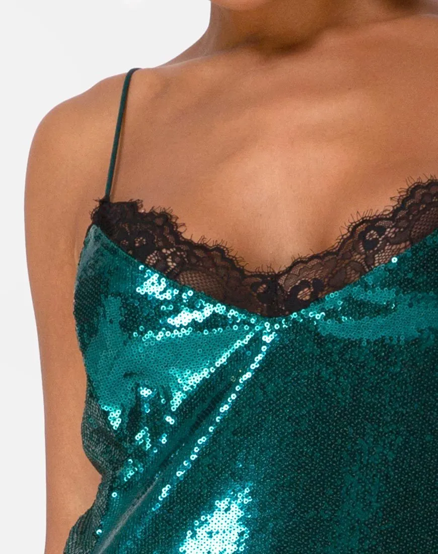 Fitilia Dress in Teal Mini Sequin with Black Lace